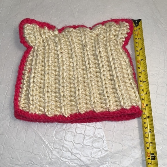Hand knit super soft ivory and hot pink kitty hat OS main image 4